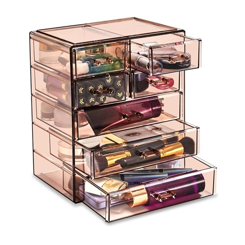 Sorbus Acrylic Makeup Organizer Set, 7-Drawer Vanity & Countertop Cosmetic Storage with Small & Wide Drawers, Bronze Glow Makeup Storage for Brushes, Lipsticks, Jewelry, Holiday Gift for Women & Teens - color: Bronze Glow, style: 3 Large, 4 Small Drawers