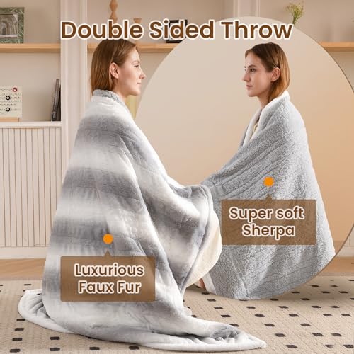Bearhug Heated Blanket 6 Heat Settings Electric Blanket, 4-Hour Auto Shut-Off, Luxurious Faux Fur & Sherpa Dual-Sided Heated Throw, Machine Washable, 50 x 60 Inches, Gift-Ready Elegant Packaging - color: Silver Shade Gradient Stripe, size: Throw 50" x 60"