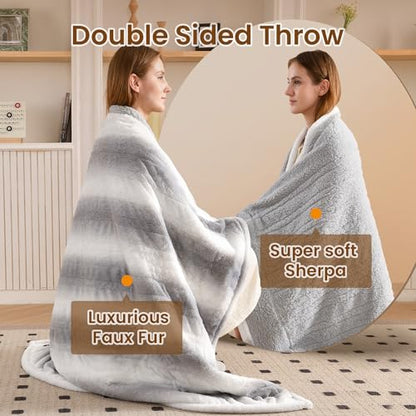 Bearhug Heated Blanket 6 Heat Settings Electric Blanket, 4-Hour Auto Shut-Off, Luxurious Faux Fur & Sherpa Dual-Sided Heated Throw, Machine Washable, 50 x 60 Inches, Gift-Ready Elegant Packaging - color: Silver Shade Gradient Stripe, size: Throw 50" x 60"