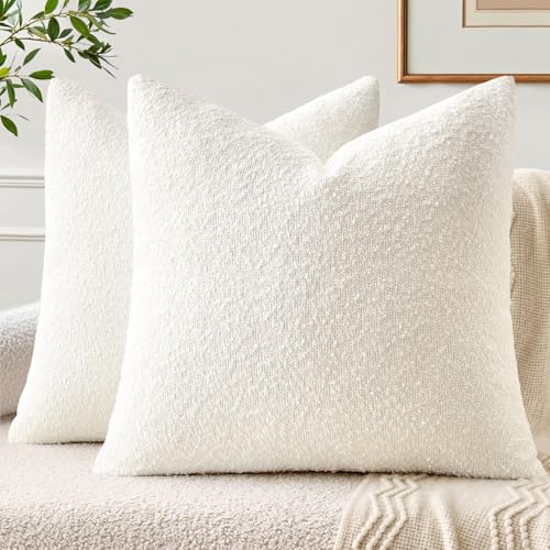 EMEMA Pack of 2, 18 x 18 Inch, Textured Boucle Throw Pillow Covers Cozy Soft Accent Solid Cushion Cases Decorative White Pillowcases for Couch Sofa Chair Bedroom Living Room Home Decor - color: White, size: 18" x 18" (Pack of 2)