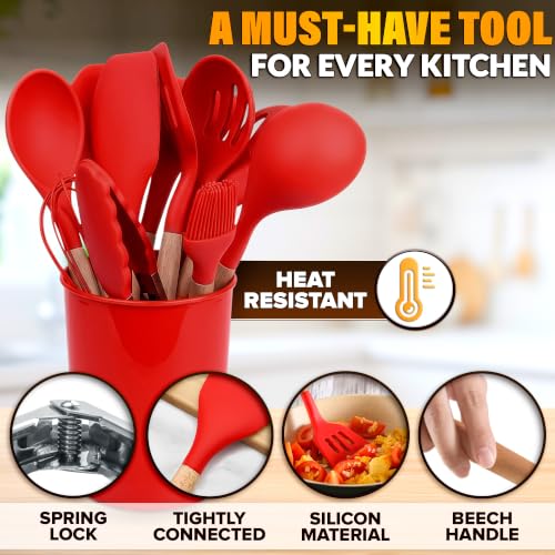 12 Pcs Red Kitchen Utensils Set with Holder – Versatile Silicone Utensils Set for Cooking and Baking, Gentle on Pots and Pans, Heat-Resistant, Stylish, Easy to Clean, Red Kitchen Accessories - color: Red