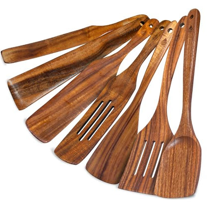 7 Pcs Teak Wooden Utensil Set, Wooden Spoons for Cooking | Non-Toxic & Nonstick Safe Kitchen Utensil, Durable Comfort Grip， Heat Resistant Wood Spatula Set - size: 7 Pieces Set