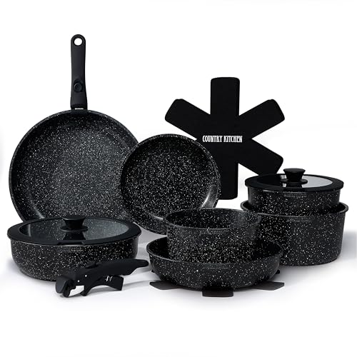 Country Kitchen Cookware Set with Removable Handle, Oven & RV Safe Pots and Pans Set, Black, Deluxe Larger Set - color: Black, size: Larger