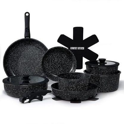 Country Kitchen Cookware Set with Removable Handle, Oven & RV Safe Pots and Pans Set, Black, Deluxe Larger Set - color: Black, size: Larger