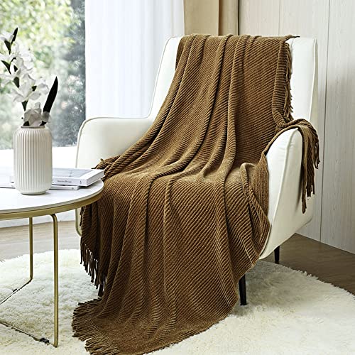 CREVENT Boho Chenille Throw Blanket for Couch Sofa Chair Bed Home Decoration, Super Soft Warm Cozy Knit Blanket for All Season (50''X60'' Coffee/Prairie Sand) - color: Coffee