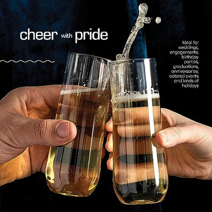 DECADORN Clear Stemless Champagne Flutes Plastic 24 Pack, Made in USA, 9oz Plastic Champagne Glasses - Durable and Sturdy Mimosa Glasses For Parties - Shatterproof, Recyclable, BPA-Free, Smooth Rims - size: 24 Pack
