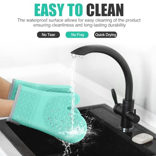 Silicone Oven Mitts, Heat Resistant 2PCS Oven Mitts with Soft Cotton Lining, Waterproof Non-Slip Grip Oven Glove, Kitchen Potholder Mits for BBQ, Baking, Cooking, 12.5 Inch - Green - color: Green