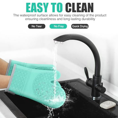 Silicone Oven Mitts, Heat Resistant 2PCS Oven Mitts with Soft Cotton Lining, Waterproof Non-Slip Grip Oven Glove, Kitchen Potholder Mits for BBQ, Baking, Cooking, 12.5 Inch - Green - color: Green
