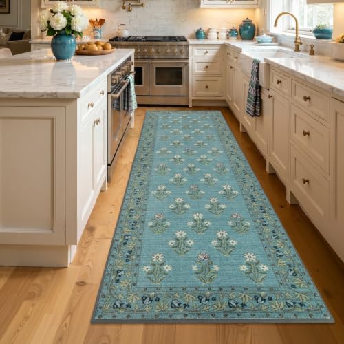Large Kitchen Runner Rug, Blue, 24" x 70" | Non Slip, Washable, Retro Vintage Floral, For Sink Kitchen Laundry Hallway - color: Blue, size: 24" x 70"