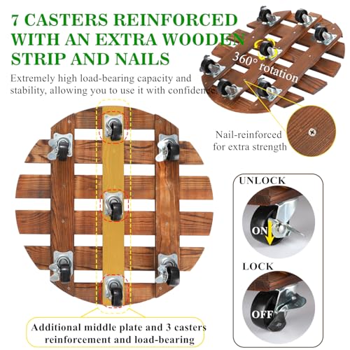 2 Pack 16" Plant Caddy with 7 Wheels, Rolling Plant Stand 500 LB Heavy Duty Wooden Round Plant Dolly with Metal 360° Lockable Caster Wheels for Outdoor Indoor Large Plant Pots, Flower Pot, Patio - size: 16"+16"