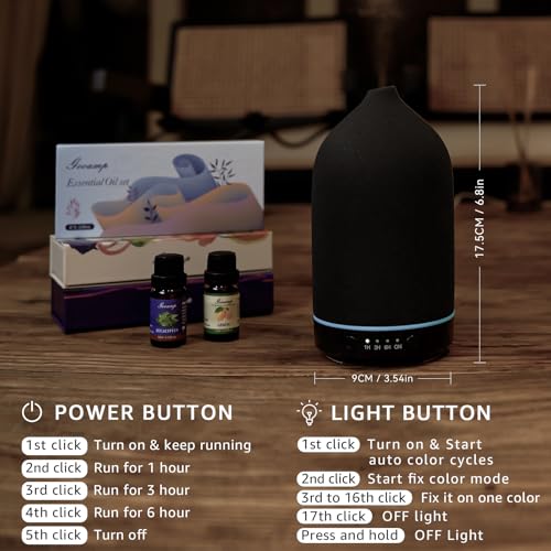 200ML Ceramic Essential Oil Diffuser for Home, Stone Diffuser | Ultrasonic Aromatherapy Diffuser & Air Humidifier for Bedroom, Office, Yoga, 7 LED Lights, Auto Shut-Off, 3 Timers, Black - color: Black