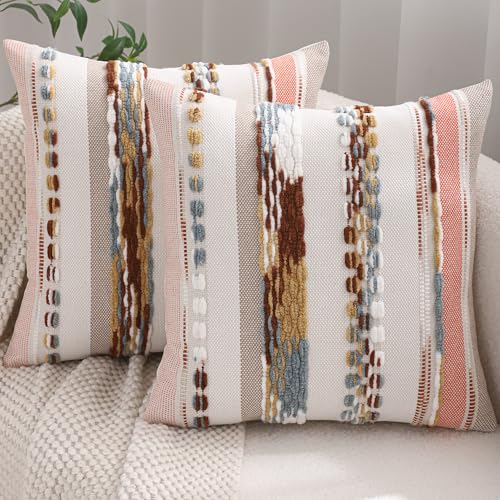 Boho Tufted Throw Pillow Covers 18x18 Set of 2 Orange | Durable Fabric,,Stripe Pillow Covers,Farmhouse Cushion Case,Chenille Pillow Cases,Neutral Pillowcase for Sofa Couch Bed - color: Orange Stripe, size: 18" x 18" (Pack of 2)