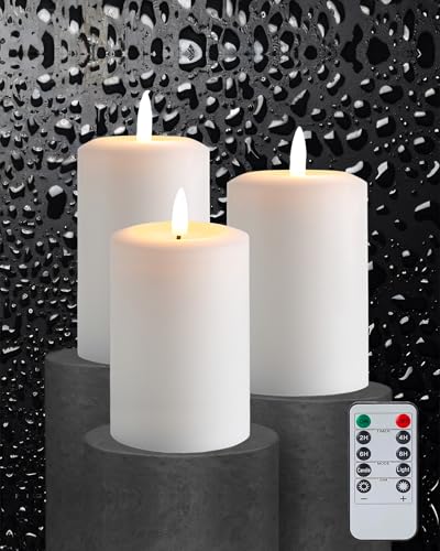 Gmnee 3"x5" Flickering Flameless Candles with Remote Timer, LED Candles | Set of 3 White Battery Operated Candles, Fake Pillar Candles for Fireplace, Centerpiece and Rustic Decor (Real Wax) - color: White - D3"H5"