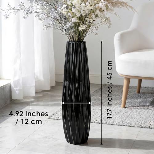 Black Tall Ceramic Floor Vase, 17.7 Inch, Ribbed Design | Matte Finish, Narrow Corners, Entryway, Bedroom, Compact Spaces - size: 17.7 Inch