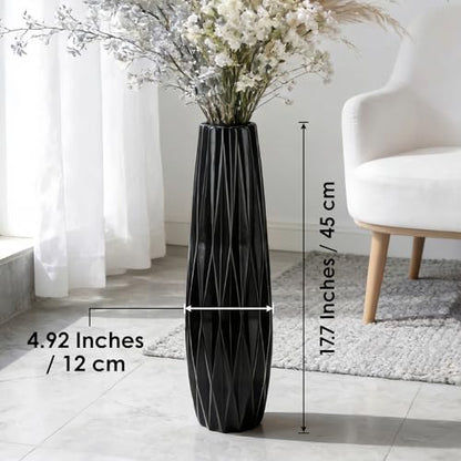 Black Tall Ceramic Floor Vase, 17.7 Inch, Ribbed Design | Matte Finish, Narrow Corners, Entryway, Bedroom, Compact Spaces - size: 17.7 Inch