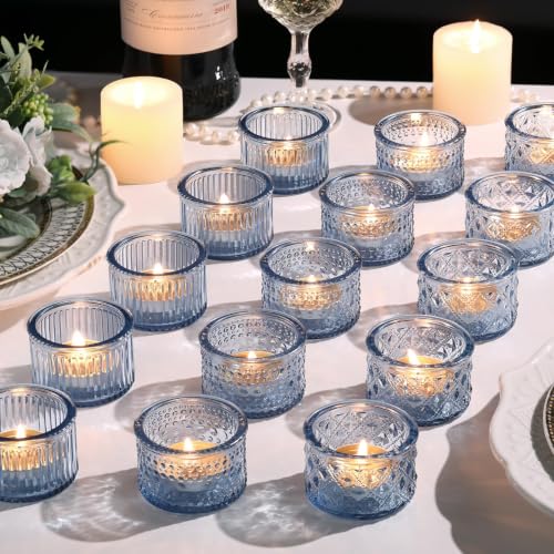 Lanttu 15 Pcs Glass Blue Tealight Candle Holders 2.17"x1.38" | Vintage Votive Candle Holders for Wedding Table Centerpiece Home Party Holiday Decor - color: Blue