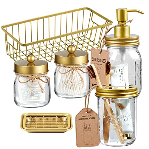 SheeChung Mason Jar Bathroom Accessories Set, 6Pcs Rustic Bathroom Set,Gold | Glass Bathroom Accessory Set, Soap Dispenser, Toothbrush Holder, 2 Qtip Holders,Soap Dish,Wire Basket,Western Farmhouse Decor - color: Gold
