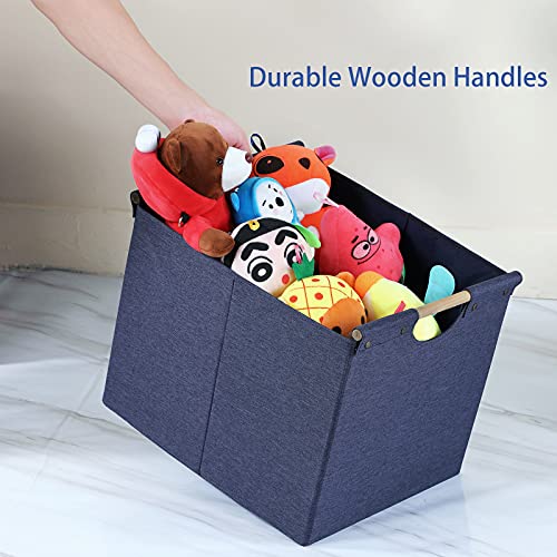 HOONEX Large Foldable Storage Bins, Linen Fabric, Pack of 2, Storage Baskets with Wooden Carry Handles and Sturdy Heavy Cardboard, for Home, Office, Car, Nursery, Blue - color: Blue