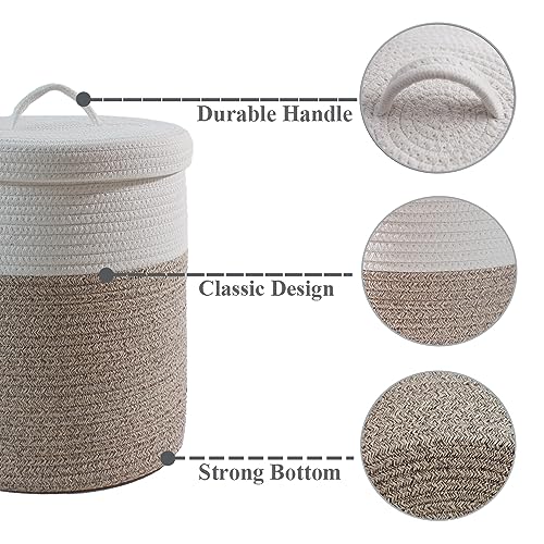 Yimi's Dream Lidded Storage Basket, Medium Brown & White Cotton Rope Basket | Small Round Woven Basket with Lid for Nursery, Baby Toy, Laundry, Yarn, Living Room, Blanket, Organization(11.5''D * 13.5''H) - color: 1 PACK-Brown&White-LIDDED