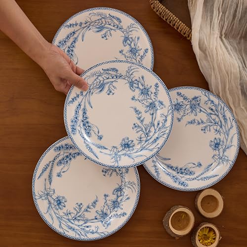 Bico Blue Garden Toile De Jouy Salad Plates Set of 4, 8.75 Inch Ceramic Dessert Plates for Salad, Appetizer, Side Dishes, Microwave and Dishwasher Safe, Gift for Housewarming and Thanksgiving - color: Blue Garden Toile De Jouy