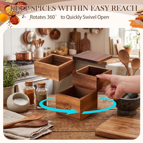 3 Tier Acacia Wood Salt Cellar, Square Swivel Triple Pepper Storage Box, Spice Box with with Magnetic Swivel Lids, Seasoning Holder for Salt, Herbs, and Spices, Grilling & Cooking