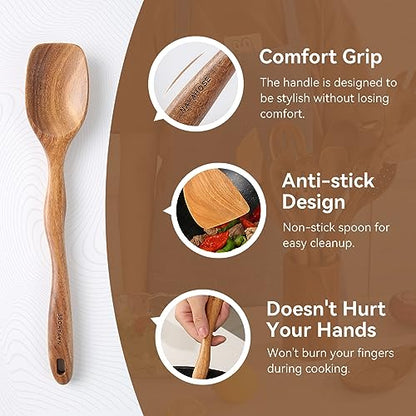 Kitchen 10PCS Teak Wooden Utensils Set With Holder and Spoon Rest | Non-stick, Easy to Clean, Durable, Smooth with Comfort Grip Wooden Spoons for Cooking - Non Toxic Wooden Cooking Utensil - style: 10 Pcs Spoons with Utensils Holder