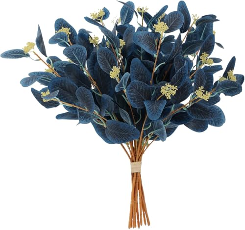 20" Silk Artificial Eucalyptus Stems, 12Pcs Fake Eucalyptus Stem with Leaves Berries, Greenery Plants Floral Decorations for Wedding Party Flower Arrangement Home Decor (Navy Blue) - color: Navy Blue