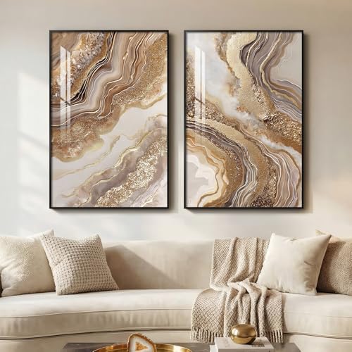Framed Abstract Brown Gold Wall Art for Living Room, 2 Piece Large Modern Luxury Artwork for Walls, Contemporary Bright Style Picture Prints Paintings for Bedroom Dining Room Office 24x36 Inch - color: Gold