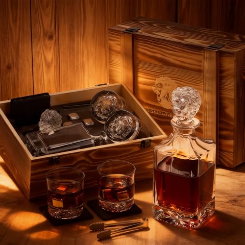 Lion Head 14-Piece Crystal Whiskey Decanter Set - 750ml Lead-Free Hand-Blown, 2 Glasses, 6 Stainless Stones, Coasters & Pine Gift Box - Engraving Ready for Him, Birthday Anniversary