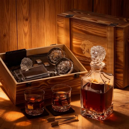 Lion Head 14-Piece Crystal Whiskey Decanter Set - 750ml Lead-Free Hand-Blown, 2 Glasses, 6 Stainless Stones, Coasters & Pine Gift Box - Engraving Ready for Him, Birthday Anniversary
