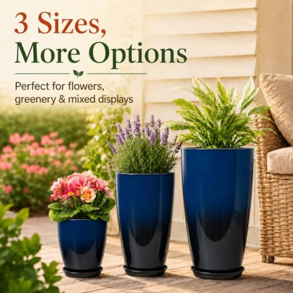 Neoaider Set of 3 Tall Planter, 24/21/12in Large Plastic Planter, Dark Blue | Ceramic-Look, Lightweight, Built-in Drain Hole, Saucers, Tall Outdoor Planter for Porch, Garden, Patio, Balcony - color: Dark Blue
