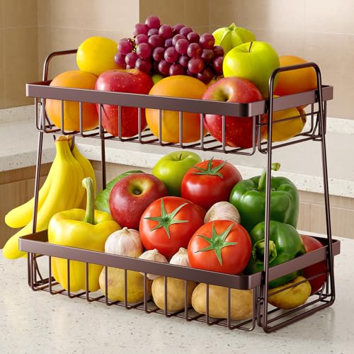 Sakugi Fruit Basket for Kitchen Counter - 2-Tier Fruit Bowl with Removable Banana Hanger & Handles, Rustproof Fruit Holder for Kitchen, Living Room, Bathroom, 13.4"×8.7"×11.7", Brown - color: Brown, size: 2T Large