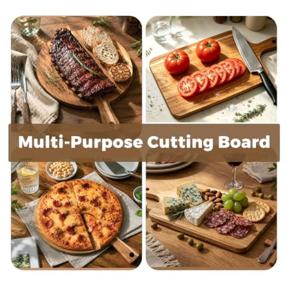 2 Pcs Acacia Wood Cutting Board Set with Handle, Round & Rectangular Wooden Cutting Boards, Charcuterie Board, Chopping Board Set with Hanging Design, Serving Tray for Cheese Meat Pizza