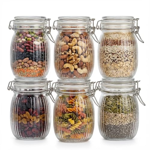 Glass Jars with Airtight Lids, 26oz Glass Storage Jars Set of 6, Thick Food Storage Containers for Pantry Organization, Kitchen Counter, Coffee, Pasta, Cereal - size: 26 fl oz x 6 - Ridged