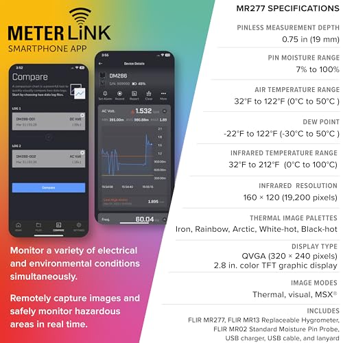 FLIR MR277 Moisture Meter, MSX IR Camera & Hygrometer for Building Inspection | 160x120 thermal, MSX, non-invasive sensor, building inspection, air leaks, insulation voids, documentation - style: MR277