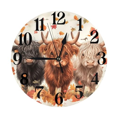 Cute Highland Cows Clock for Living Room Wall Clock Round Kitchen 10 Inch Non-Ticking Silent Quartz Atomic Analog Clocks Decorative Bedroom - color: Cow