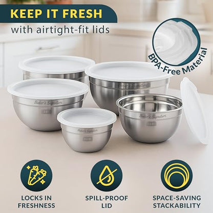 Stainless Steel Mixing Bowls with Lids Set of 5, Nesting Metal, 0.5-5 Qt | Mirror-finish interior, dishwasher safe & BPA-free; stack for food prep, cooking, storage & serving - size: Set of 5