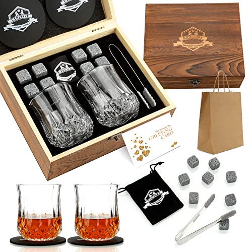 Whiskey Stones Glass Gifts Set - Bourbon Scotch Whiskey Glasses Set of 2 | 8 Granite Chilling Rocks in Premium Wood Box, Best Dsrinking Gift for Men Dad Husband Fathers Day Birthday Holiday Christmas - style: Pineapple Glasses+Granite Stones