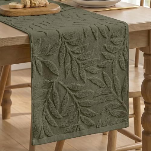 Artoid Mode Olive Green Soft 3D Jacquard Leaves 100%Cotton Spring Table Runner, Holiday Kitchen Dining Table Decoration for Home Party Decor 13x72 Inch - color: Olive Green