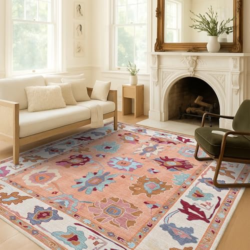 Fame Living Orange Oushak Rug, Modern, Vintage, Turkish, Eclectic, Floral, Pastel, Washable, Area Rugs for Living Room, Dining, Bedroom, Nursery, Girls, Boys, 5'9"x8'9" - color: Orange, size: 5'11" x 8'11" (Rectangular)