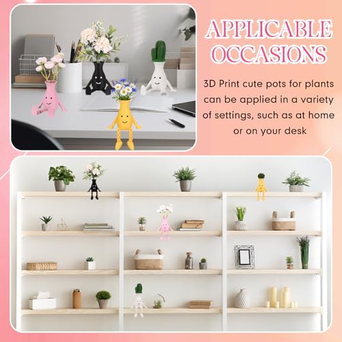 Honoson 4 Pcs 3D Printed Smile Face Planter Pot, Cute Plant Pots for Indoor Outdoor, Unique Sitting Pot with Movable Leg, Funny Flower Pots Gifts for Mother and Appreciation Christmas