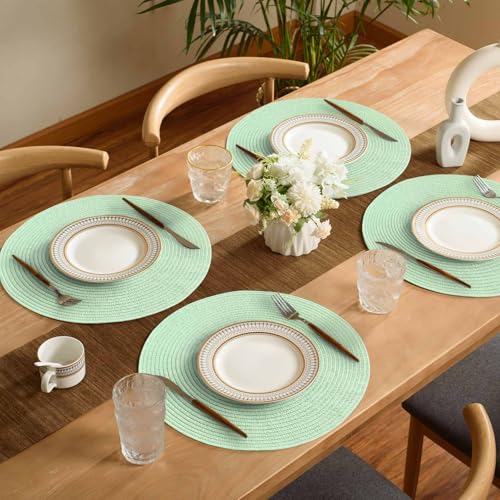 FunWheat Round Braided Placemats Set of 6 Place mats for Dining Tables Woven Heat Resistant Table Mats 15 inch (Mint Green) - color: Solid Mint Green, size: 6pcs