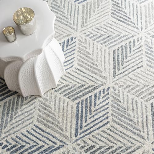 Dash & Albert Karari Blue Geometric Hand Hooked Wool Runner Rug, 2'6"x8' | Hand Hooked Wool Rug, , Geometric Pattern - color: Blue, size: 2'6" x 8' (Runner)