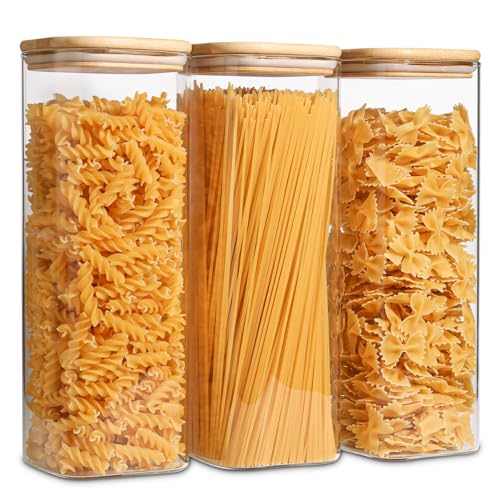 ComSaf Pasta Containers Storage 2.2 Qt, Spaghetti Jar, Set of 3 Tall Jars | Glass Storage Containers wtih Lids, 11.3-inch High Glass Kitchen Canisters Square, Cereal, Noodles, Oats, Dry Food, BPA Free - size: 2.2Qt*3