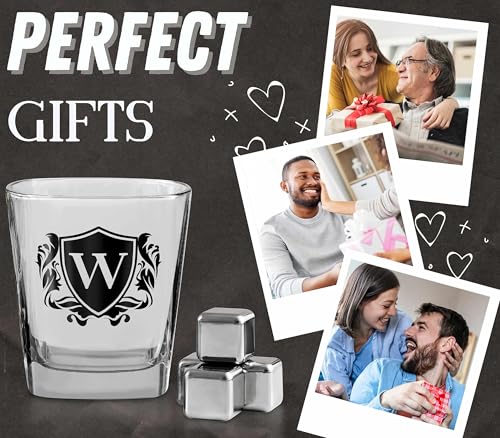 Whisky Gifts for Men, Personalized Initial Whiskey Glass with Whiskey Stones for Dad, Boyfriend, Best Friends, Coworkers, Husband, Brother, Uncle and Boss on Father's Day, Boss Day and Birthday - W - color: W