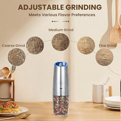 Rechargeable Gravity Salt Pepper Grinder Set, 1 Pack (Silver) | Gravity Automatic Grinder With LED Light & Adjustable Roughness, Rechargeable Seasoning Tool For Kitchen Use - color: Rechargeable/Single/Silver