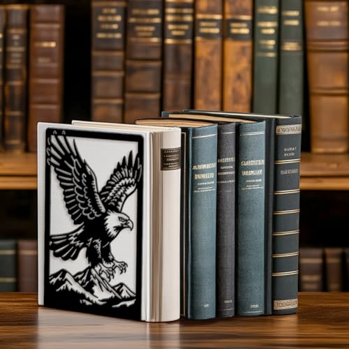 5.3"x4.3"x7.9" Metal Bookends, Heavy Duty Book Ends for Shelves | Eagle Theme Cast Iron Book Supports, 1 Pair Decor Stoppers for Desk, Library, Office & Home Shelves - style: Eagle