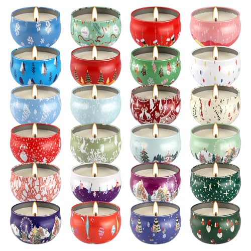 24Pack Christmas Scented Candle Tins Gift Set - Soy Wax Festive Candles 2.5oz- Long Lasting Burn time for Christmas Thanksgiving Gifts Holiday Decor & Gifting. - color: 24Pack-Christmas Style