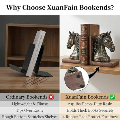 Heavy Duty Horse Bookends, 2.91lbs Resin Elegant Decorative Book Ends with Non-Slip Pads, Classic Animal Bookends for Bookshelf Office Desk Decor, Meaningful Home Décor Gift (Pair, 7.5") | Heavy Duty Weighted Design with Non-Slip Pads, Classic Animal Deco