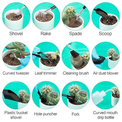 ANPHSIN 44pcs Small Gardening Tools Gifts for Women Beginners, Green | Garden Hand Tools Set for Indoor Succulent, Bonsai, Plants Transplanting, Included Bag/Repotting Mat/Shovel/Labels - color: Green